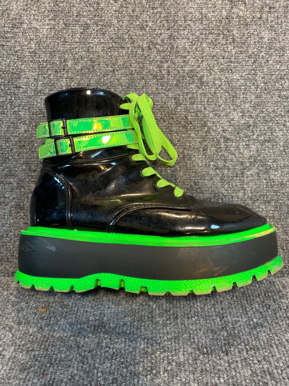 DEMONIA Slacker 52 Womens 9 Platform Black Patent Neon Green Chunky Combat Boots